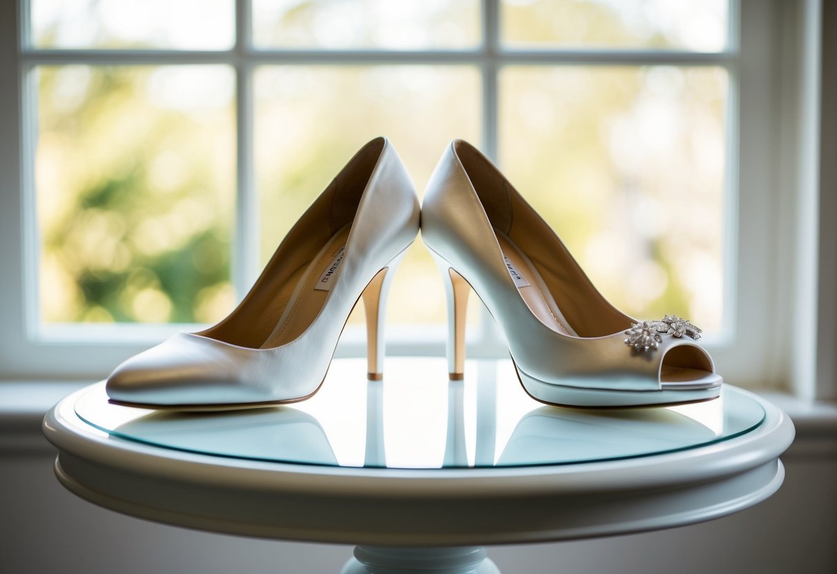 A pair of elegant bridal shoes, one with high heels and the other with a flat sole, displayed on a pristine white pedestal