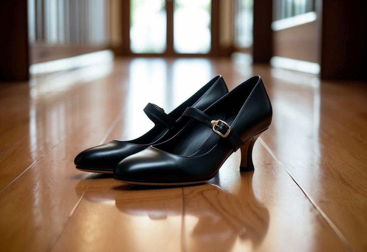 A pair of elegant black shoes with a subtle sheen, adorned with a delicate silver buckle, stands on a polished wooden floor