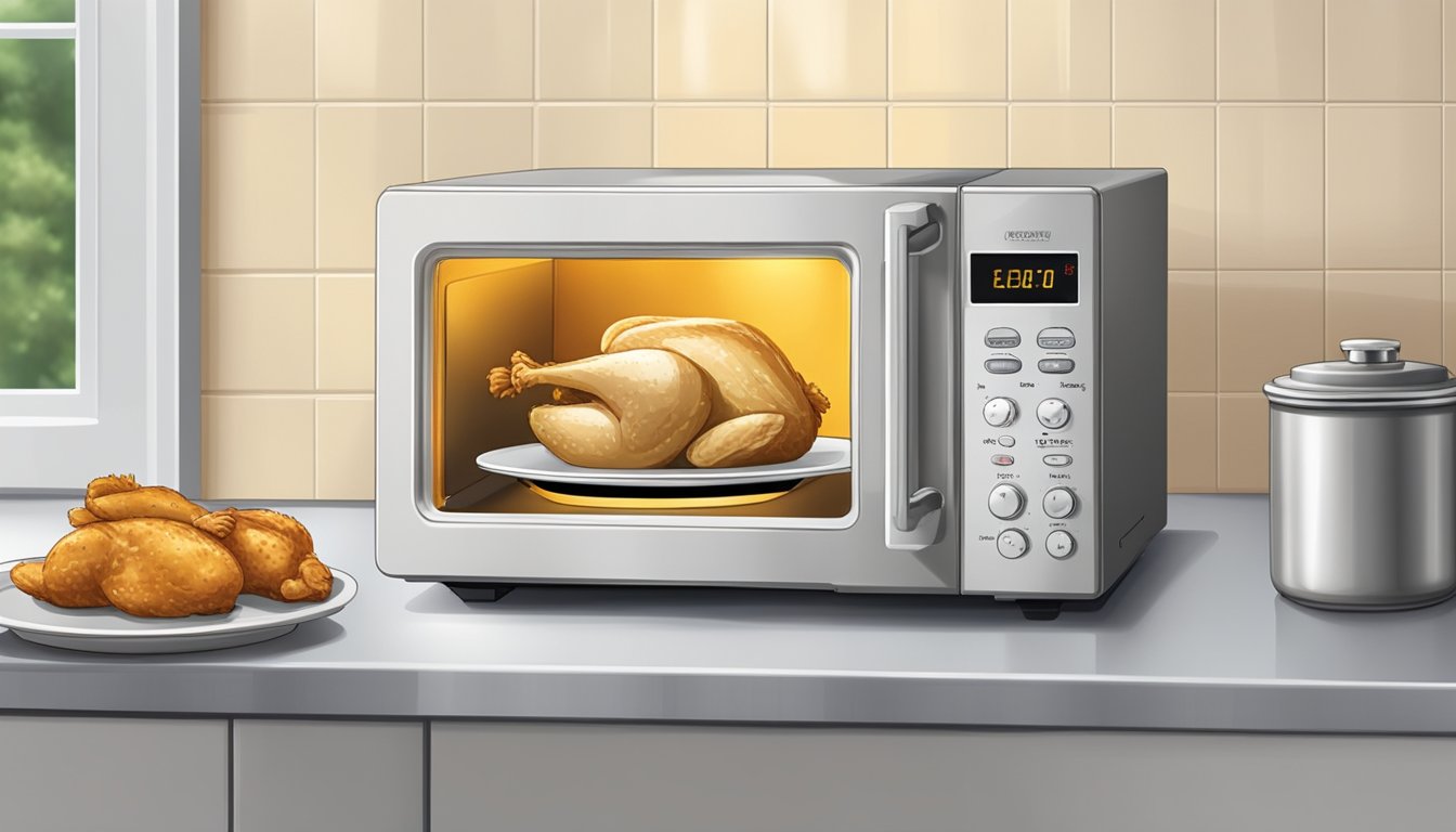 A microwave with a plate of reheated chicken, a thermometer, and a timer on a kitchen counter