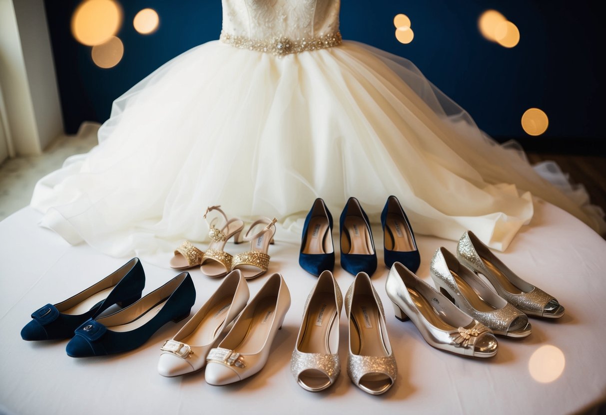 A bride's dress and various shoe options laid out on a table for selection