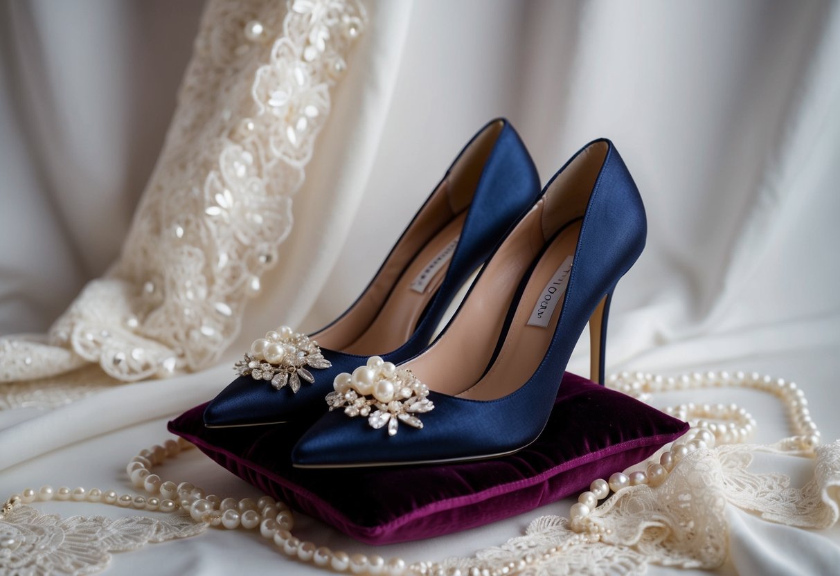 A pair of elegant, navy blue heels sits on a plush velvet cushion, surrounded by delicate lace and shimmering pearls