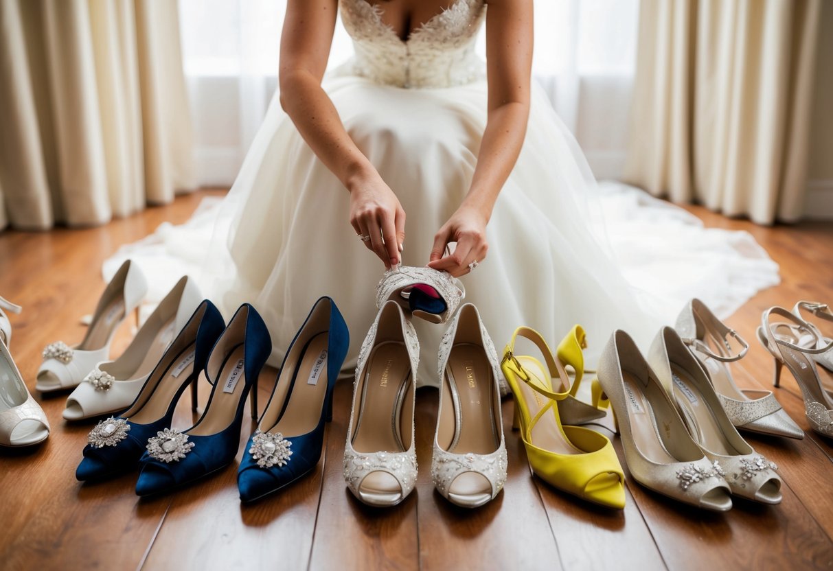A bride sits surrounded by various styles of wedding shoes, carefully examining each pair to find the perfect match for her dress