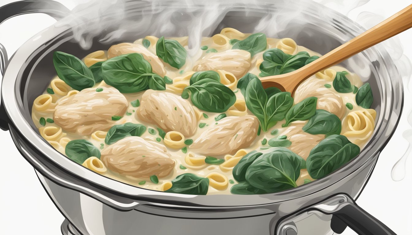 A steaming pot of reheated chicken and spinach alfredo being stirred with a wooden spoon, the creamy sauce coating the tender chicken and al dente pasta