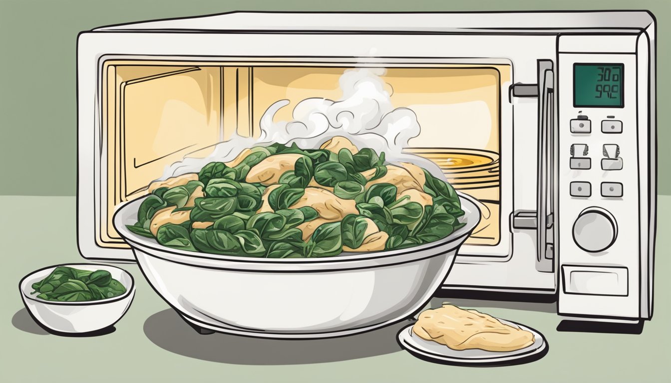 A steaming bowl of chicken and spinach alfredo being heated in a microwave