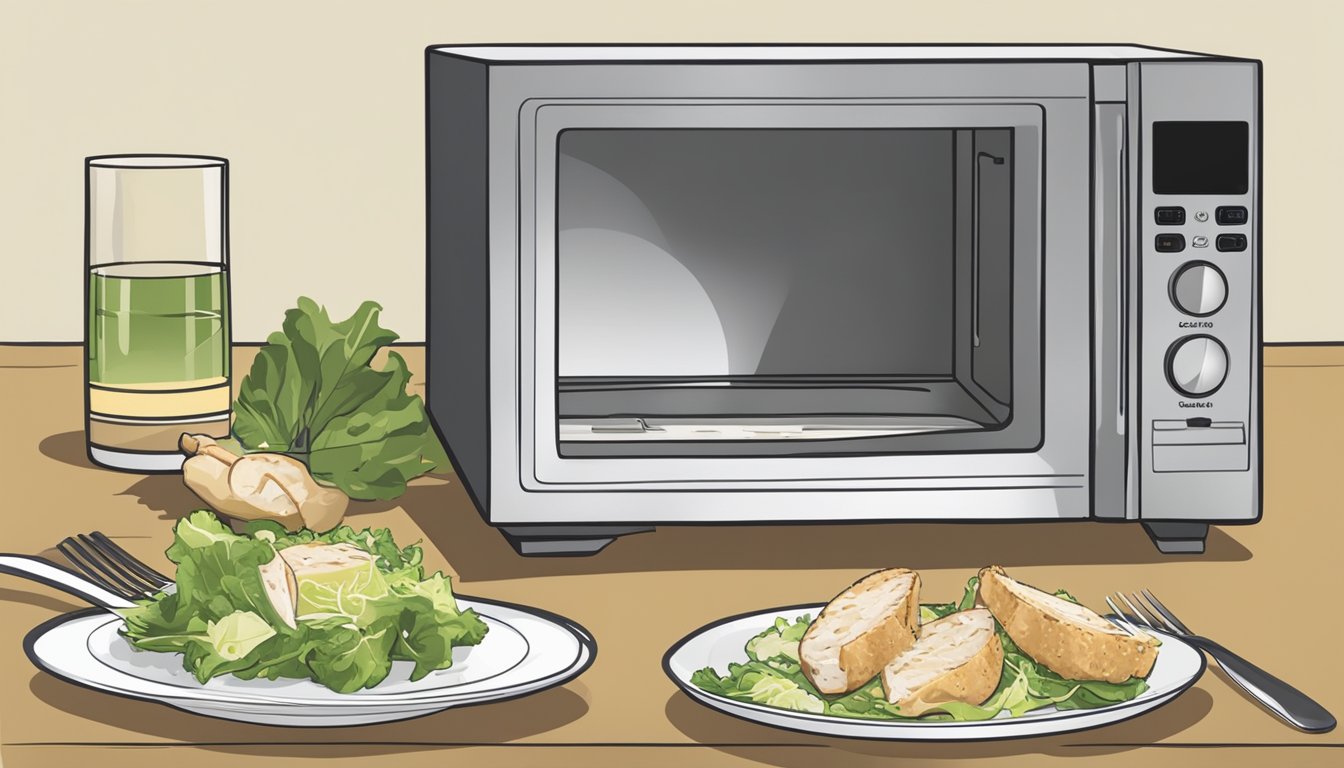 A microwave with a plate of chicken Caesar salad inside, the timer counting down. A fork and napkin set beside it