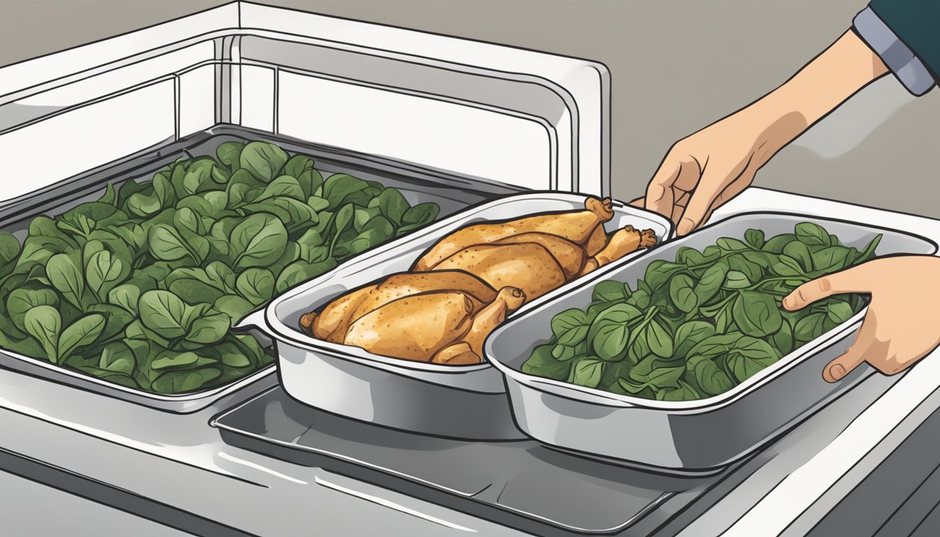 A person placing a covered casserole dish containing chicken and spinach into a preheated oven