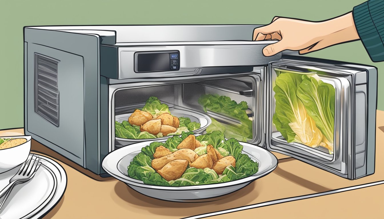 A person transferring chicken caesar salad from a container to a plate, then placing it in the microwave to reheat