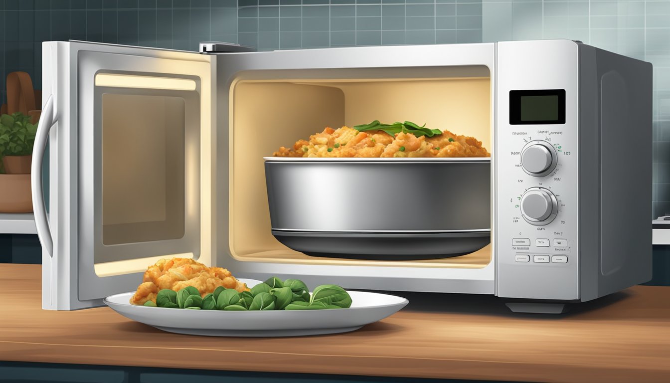 A microwave with a plate of chicken and spinach casserole inside, the timer set and the door closed