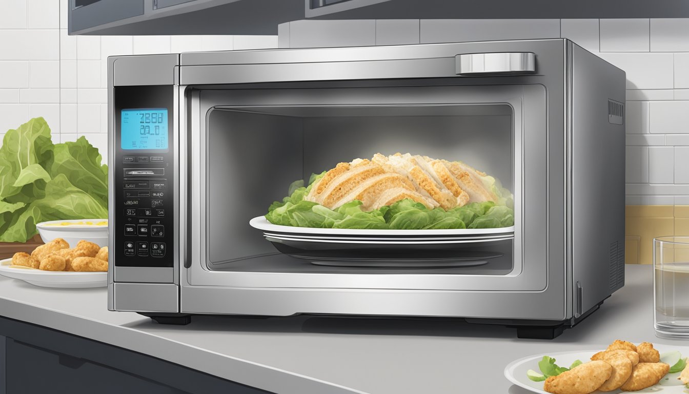 A microwave with a plate of chicken caesar salad inside, steam rising as it reheats