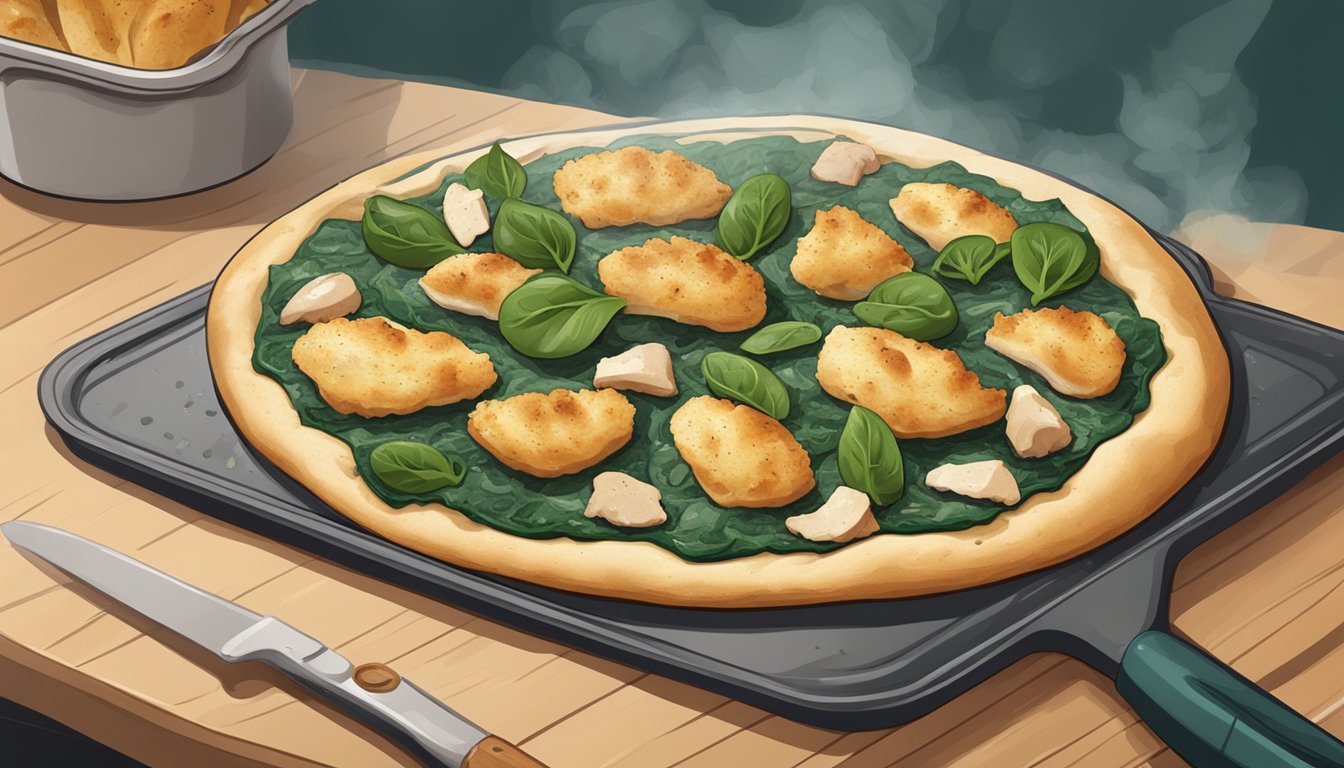 A flatbread on a baking sheet, topped with chicken and spinach, placed in the oven