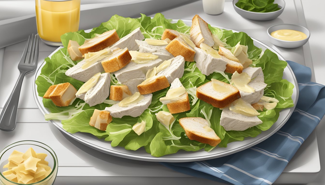 A plate of reheated chicken caesar salad with fresh lettuce, grilled chicken, croutons, and parmesan cheese, drizzled with creamy caesar dressing