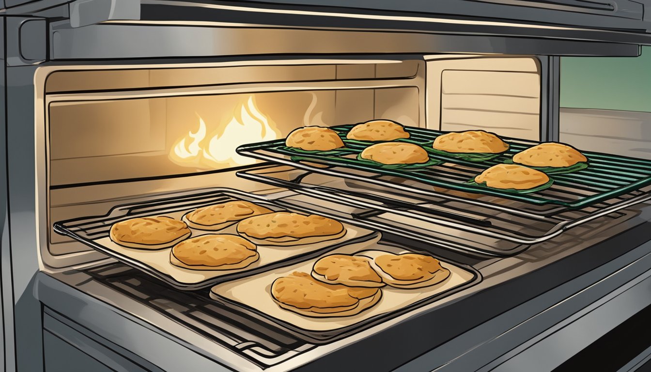 A golden-brown flatbread topped with chicken and spinach sits on a wire rack inside a preheated oven, surrounded by the warm glow of the oven's interior