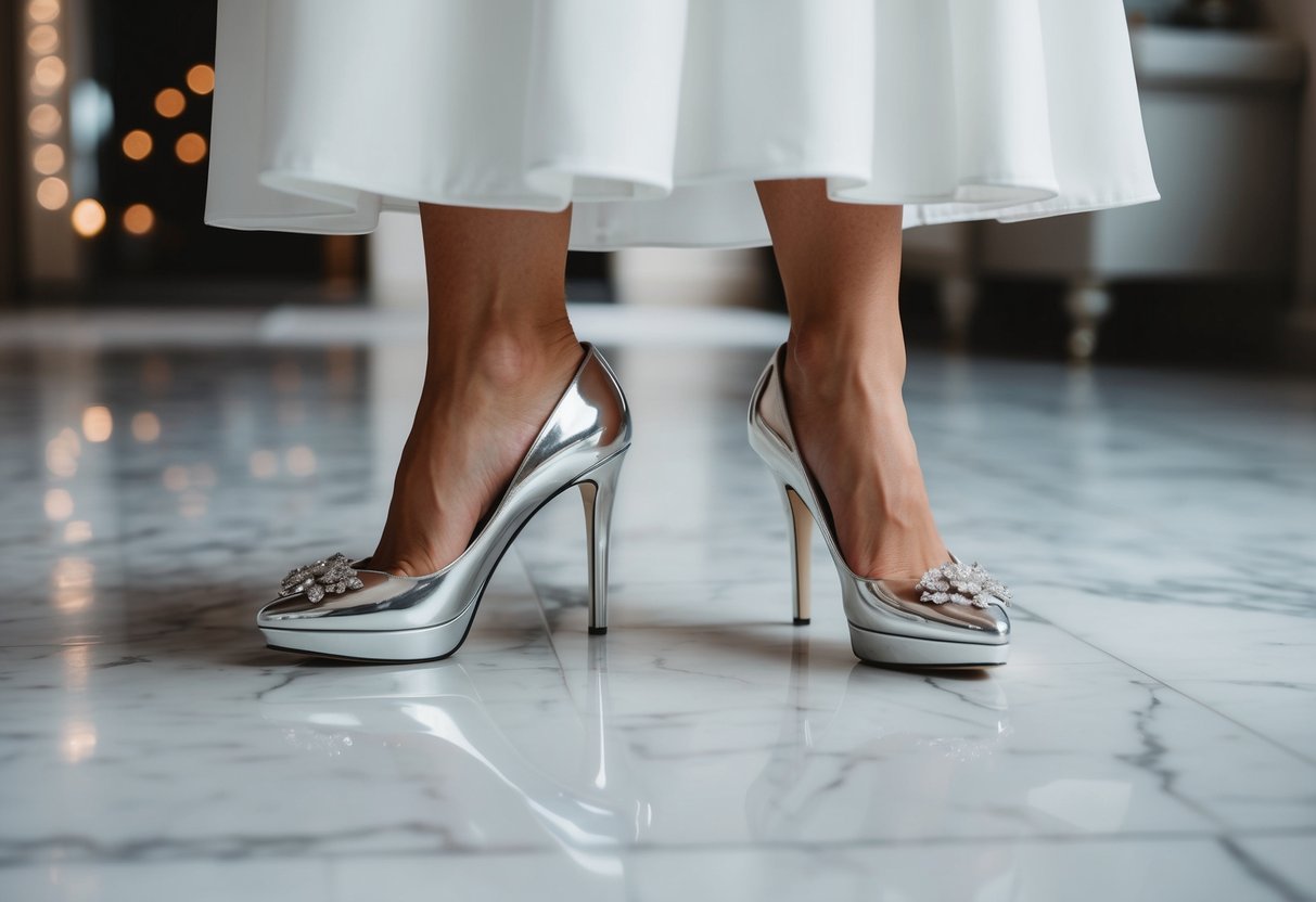 A white dress with silver heels on a marble floor