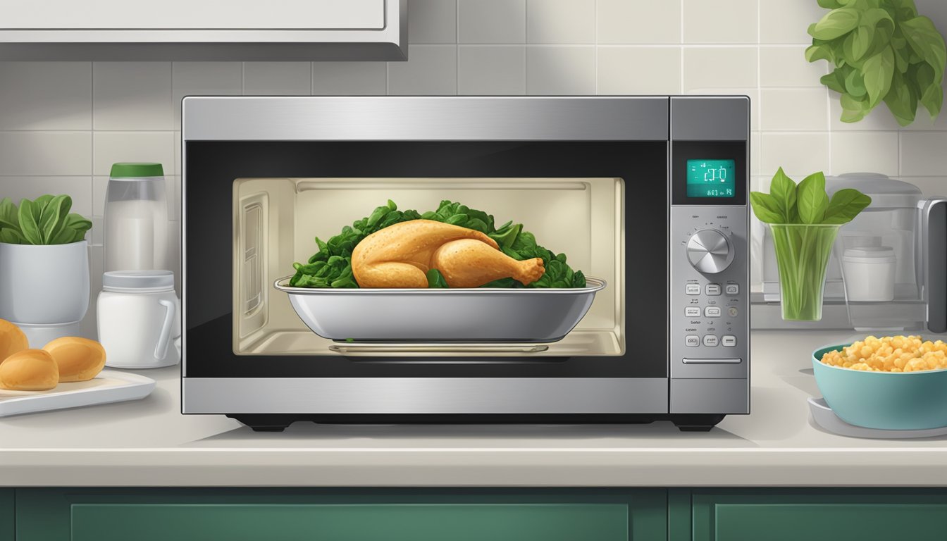 A microwave with a steaming chicken and spinach casserole inside, a timer set for reheating