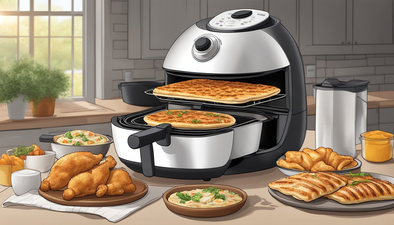 A flatbread and chicken sit inside an air fryer, surrounded by hot air, crisping and warming the food to perfection