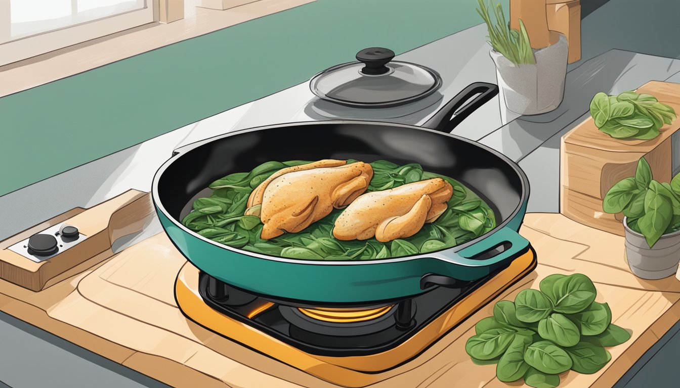 A stovetop with a skillet, a chicken and spinach flatbread being gently reheated, emitting a tantalizing aroma