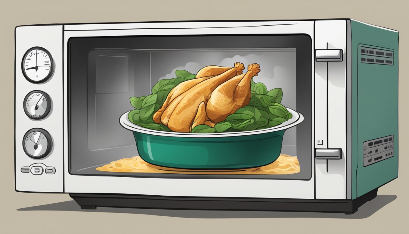 A microwave with a covered dish of chicken and spinach casserole inside, steam rising as the timer counts down