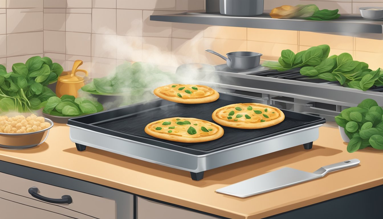 A flatbread sits on a baking sheet in a warm oven, surrounded by spinach and chicken. Steam rises from the golden crust, ensuring a perfect texture