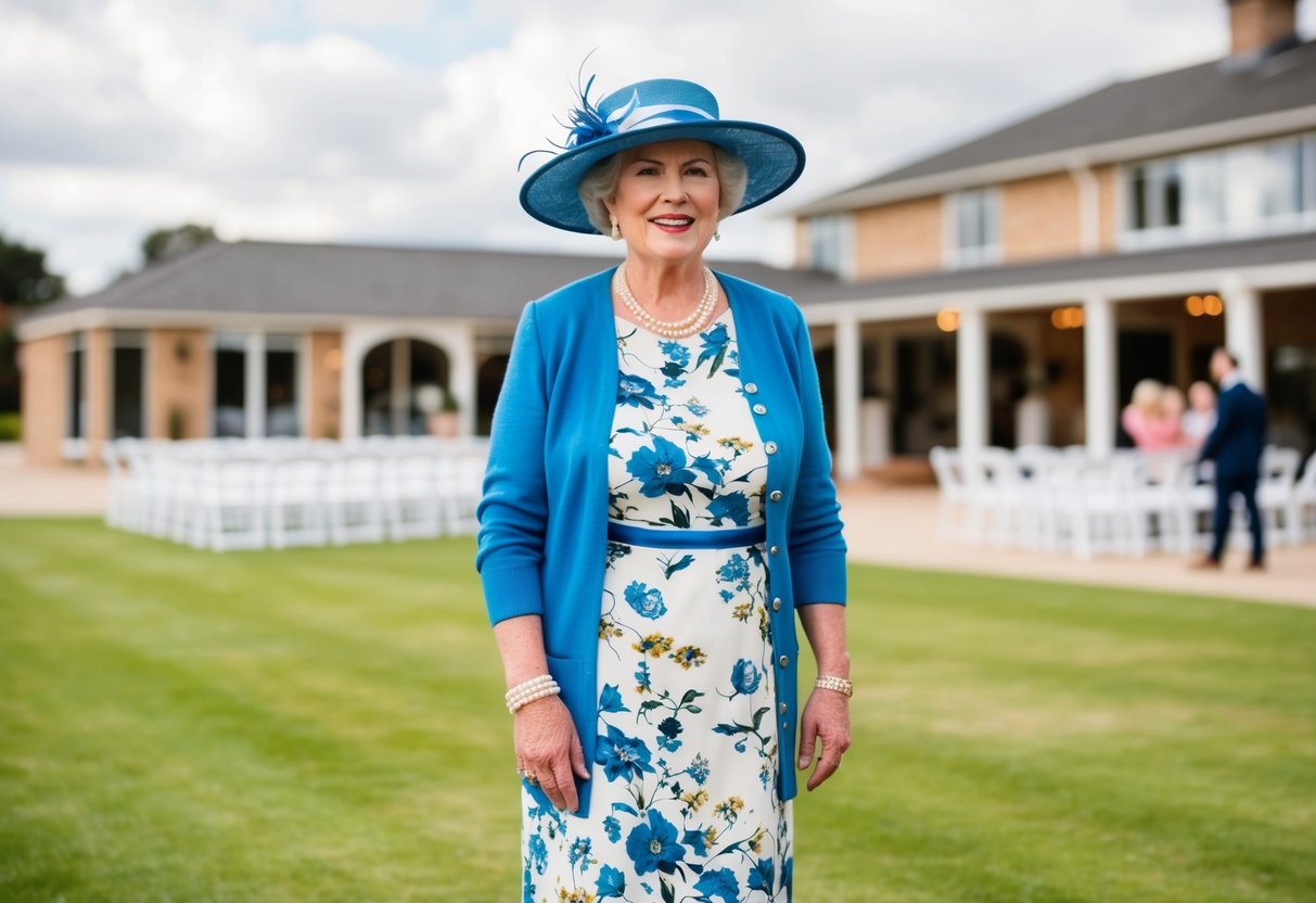 A 60-year-old woman wearing a knee-length floral dress and a matching cardigan, accessorized with a wide-brimmed hat and a pearl necklace, standing in front of a wedding venue