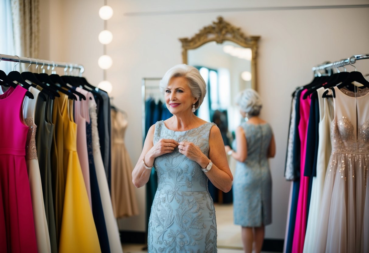 A 60-year-old woman trying on elegant dresses in a boutique with a mirror and soft lighting, surrounded by racks of stylish options