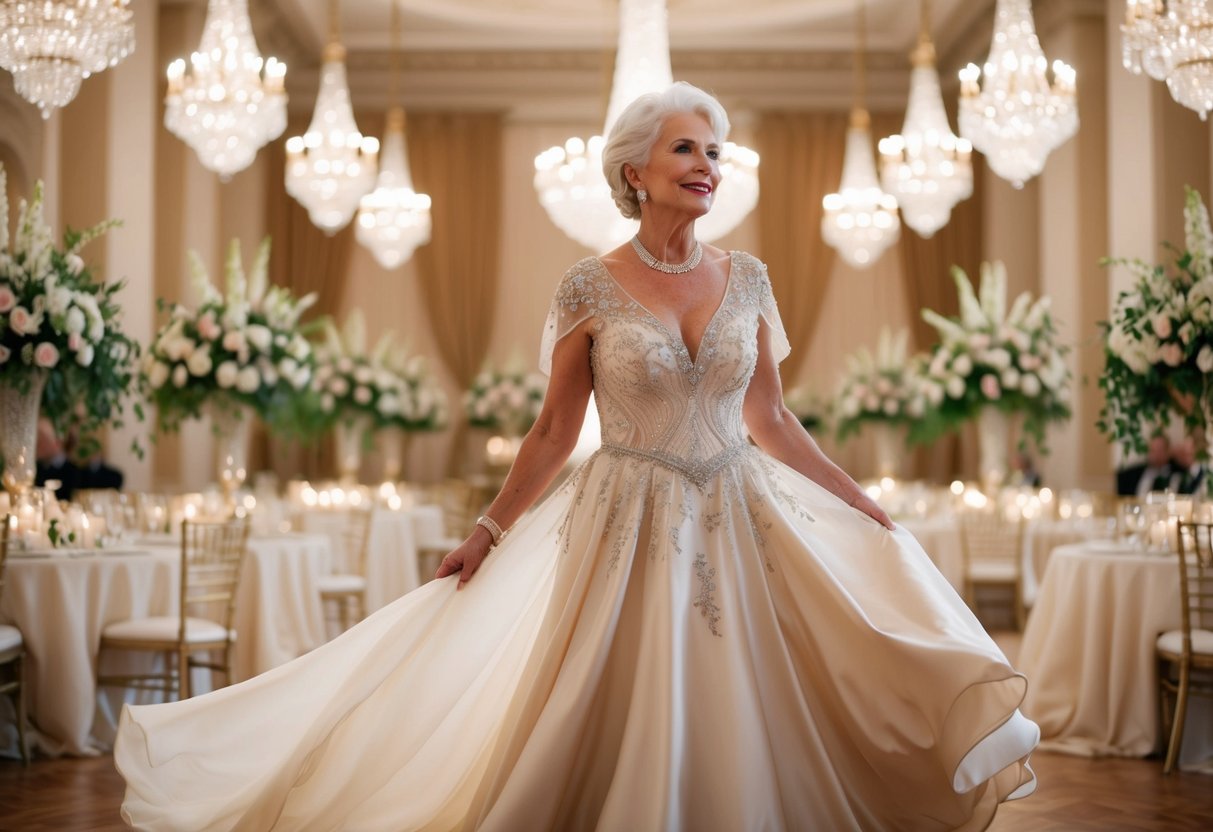 A 60-year-old woman in a flowing silk gown, adorned with intricate lace and delicate beading, stands in a grand ballroom filled with opulent floral arrangements and sparkling chandeliers