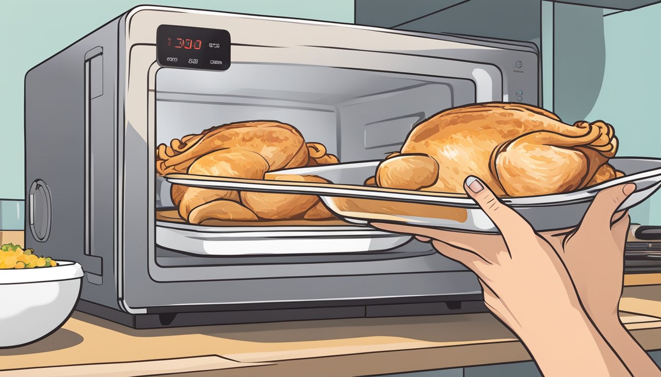 A person placing chicken cordon bleu on a microwave-safe plate, covering it with a microwave-safe cover, and setting the timer on the microwave