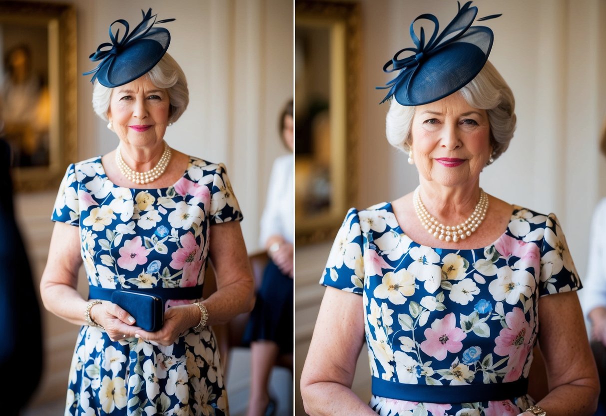 A 60-year-old woman in a floral midi dress, pearl necklace, and matching clutch, adding a fascinator to her hair