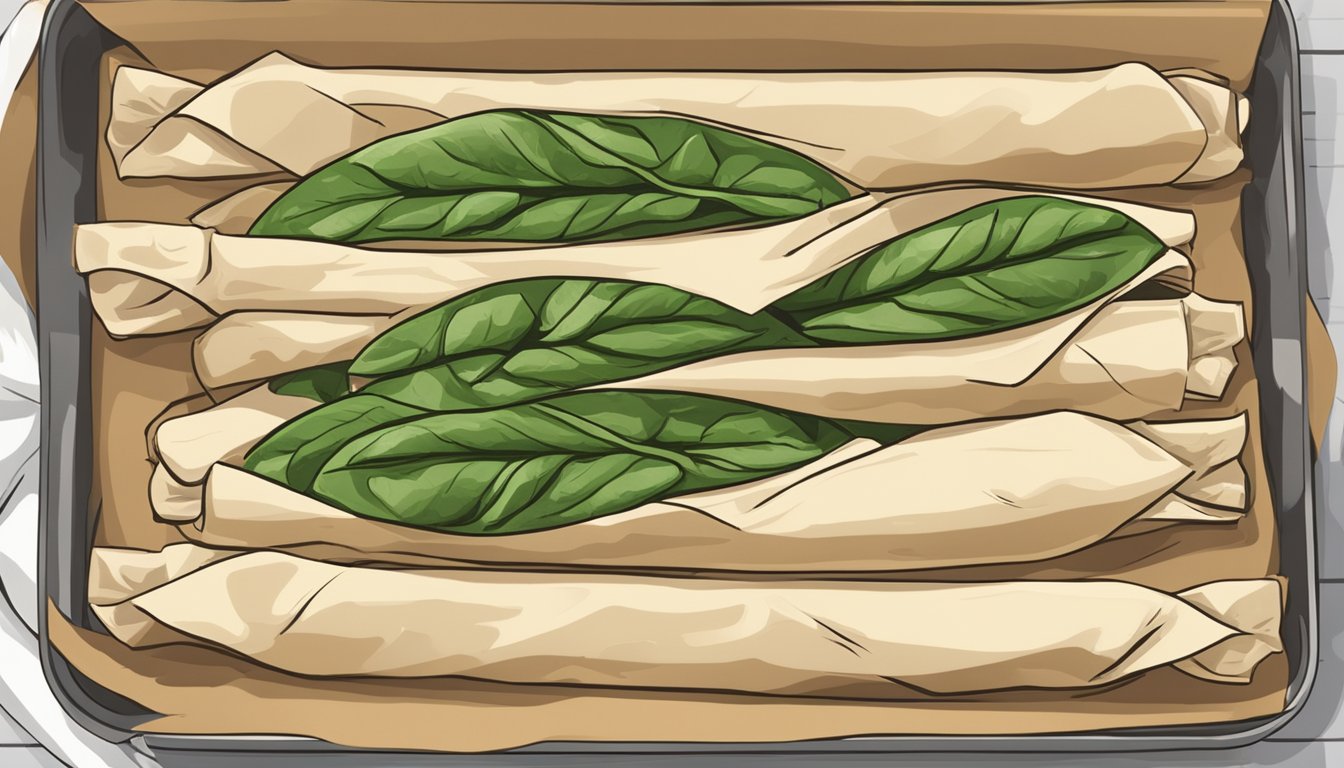 A pair of chicken and spinach stuffed breadsticks being placed on a baking sheet lined with parchment paper, ready to be reheated in the oven