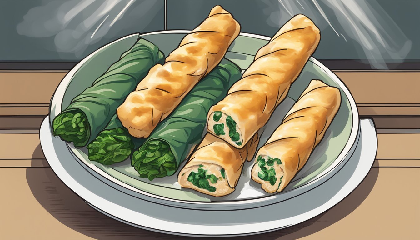 A plate of chicken and spinach stuffed breadsticks being reheated in a microwave, oven, and air fryer, with steam rising from each method