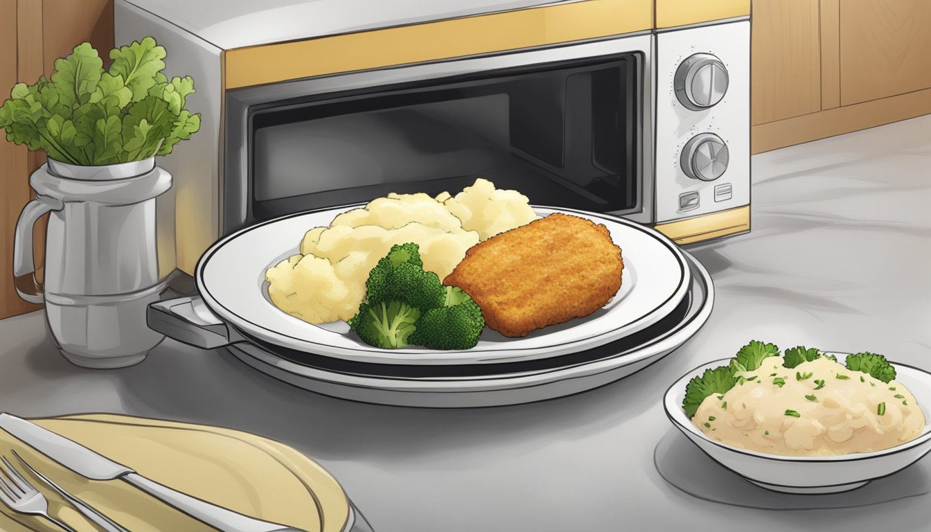 A plate of chicken cordon bleu with steamed vegetables and a side of mashed potatoes being reheated in the microwave