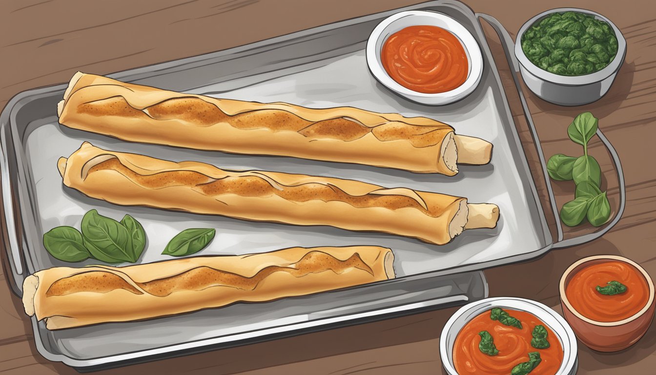 A baking sheet with reheated chicken and spinach stuffed breadsticks displayed alongside a side of marinara sauce