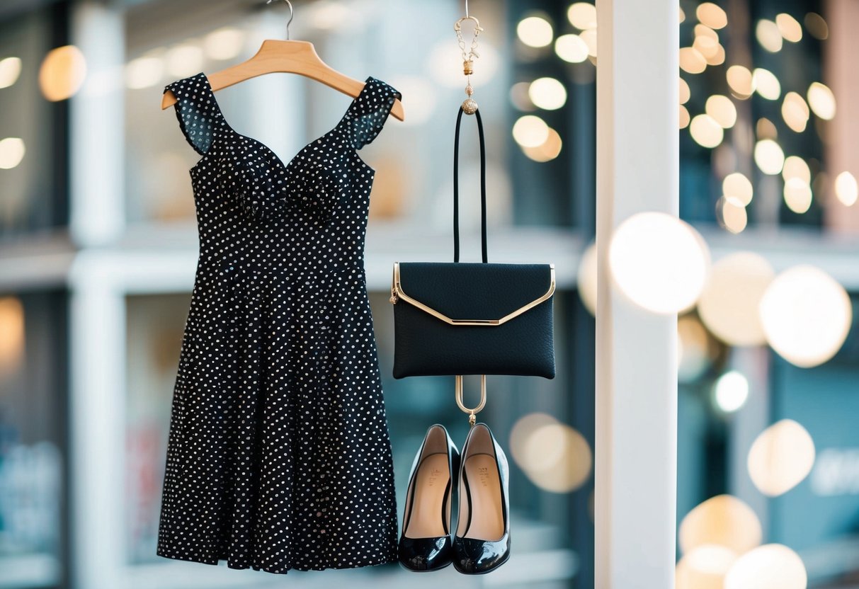 A black and white polka dot dress hangs on a hanger next to a pair of matching shoes and a small clutch purse