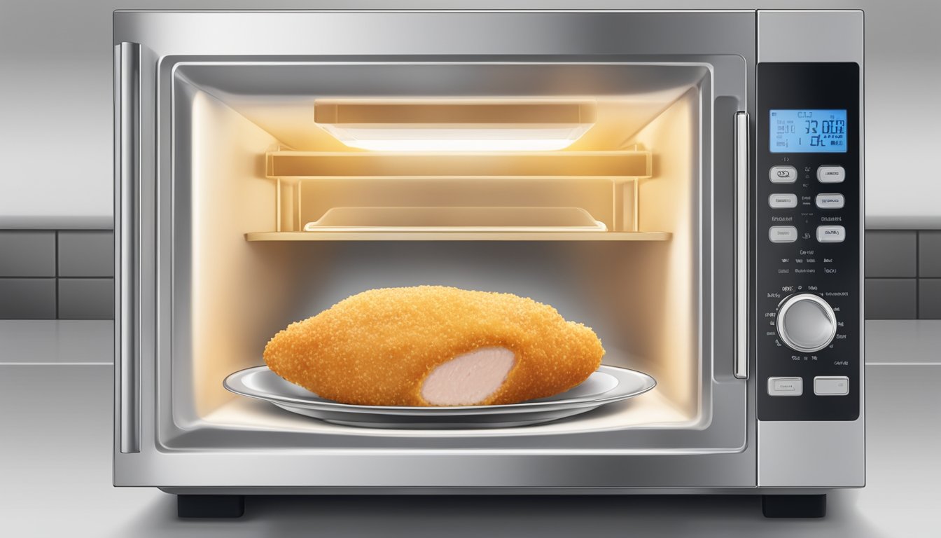 A microwave door open with a plate of chicken cordon bleu inside, steam rising from the dish