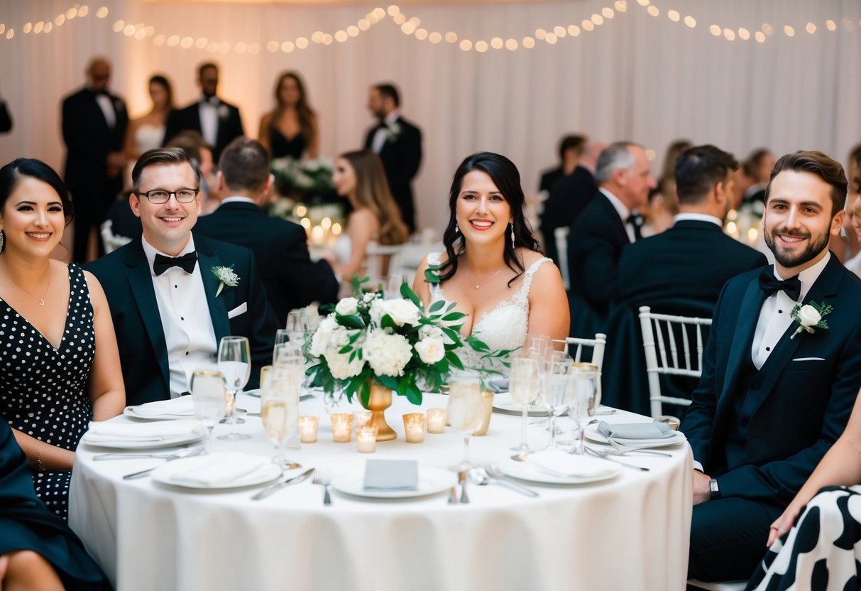 A wedding reception with guests in formal attire, some wearing black and white polka dot dresses or suits