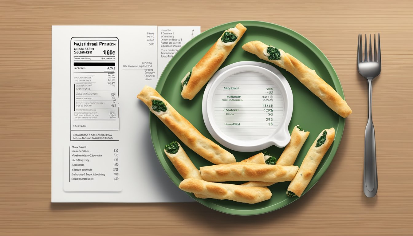 A plate of reheated chicken and spinach stuffed breadsticks with a side of nutritional information displayed next to it