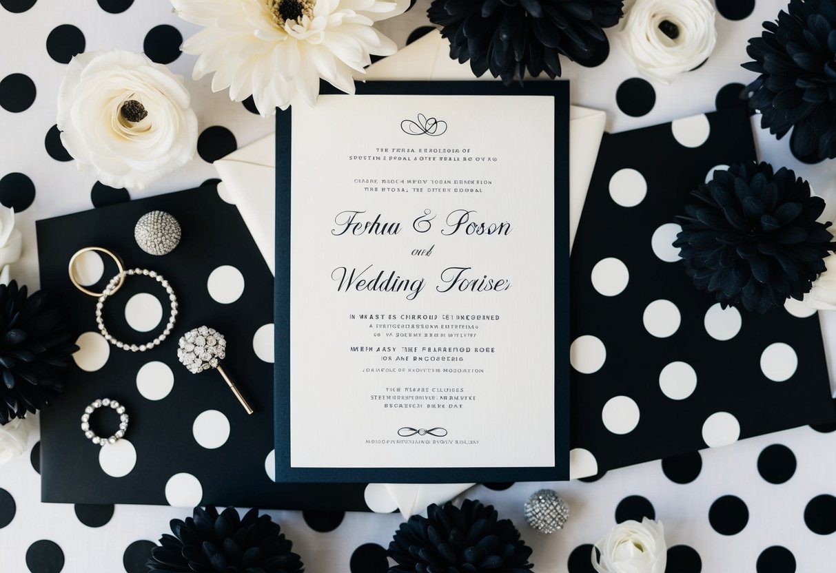 A formal wedding invitation surrounded by black and white polka dot decorations and accessories