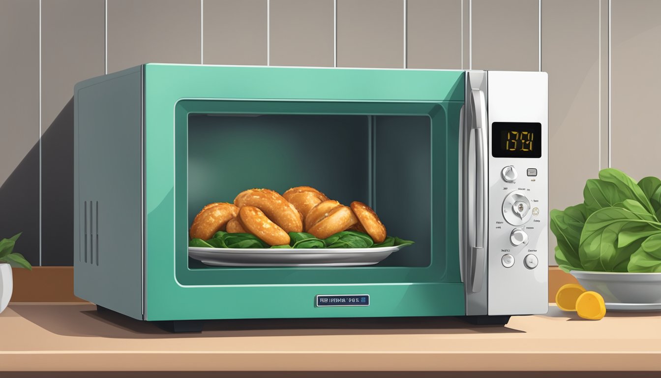 A microwave with a plate of chicken and spinach stuffed pretzels inside, with the door closed and the timer set