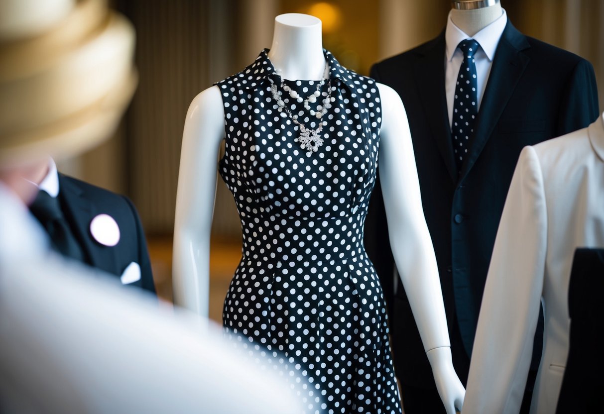 A mannequin wearing a black and white polka dot dress and matching accessories, surrounded by other formal attire