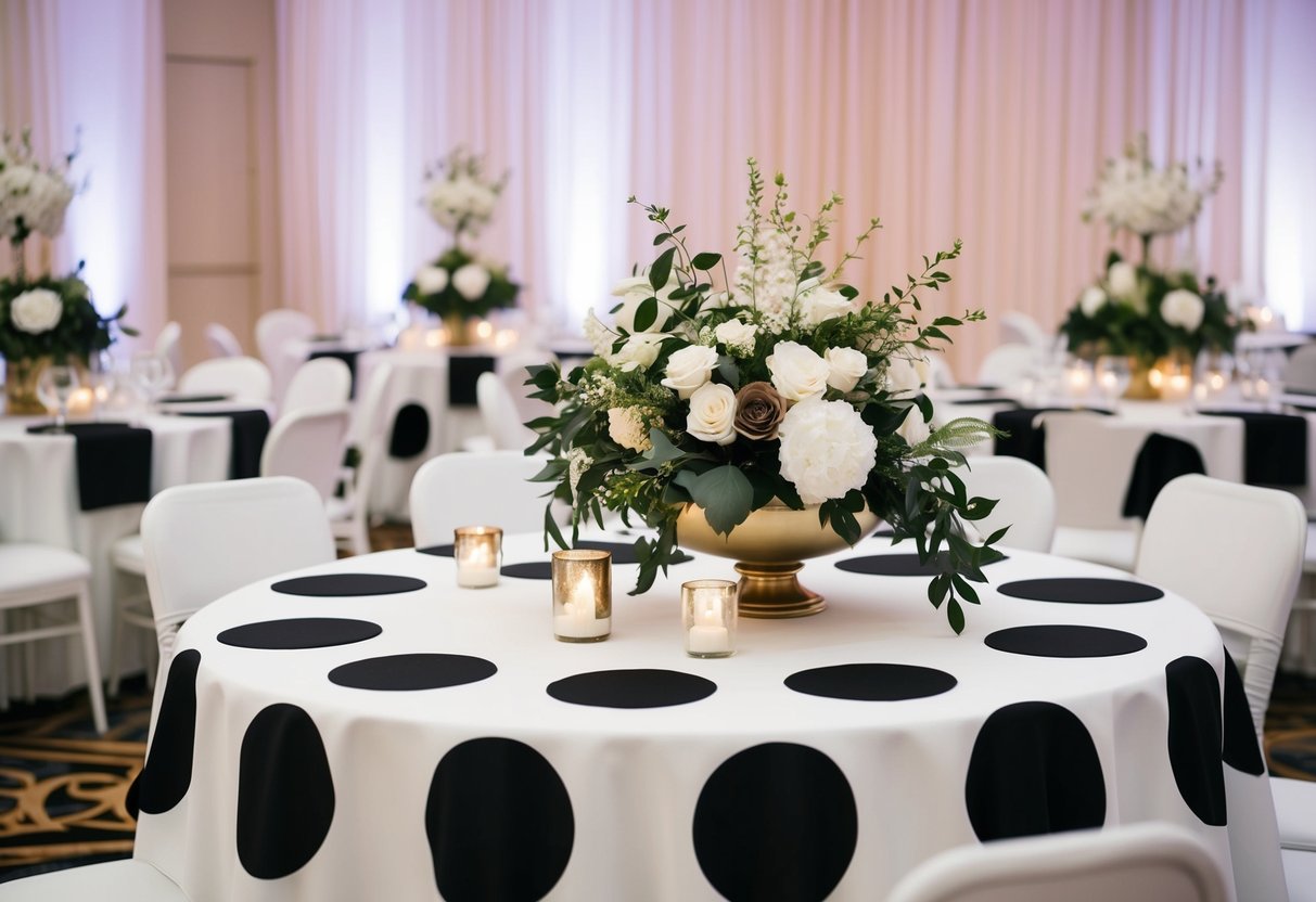 A wedding reception with elegant white and gold decor, featuring a black and white polka dot tablecloth and floral arrangements in coordinating colors