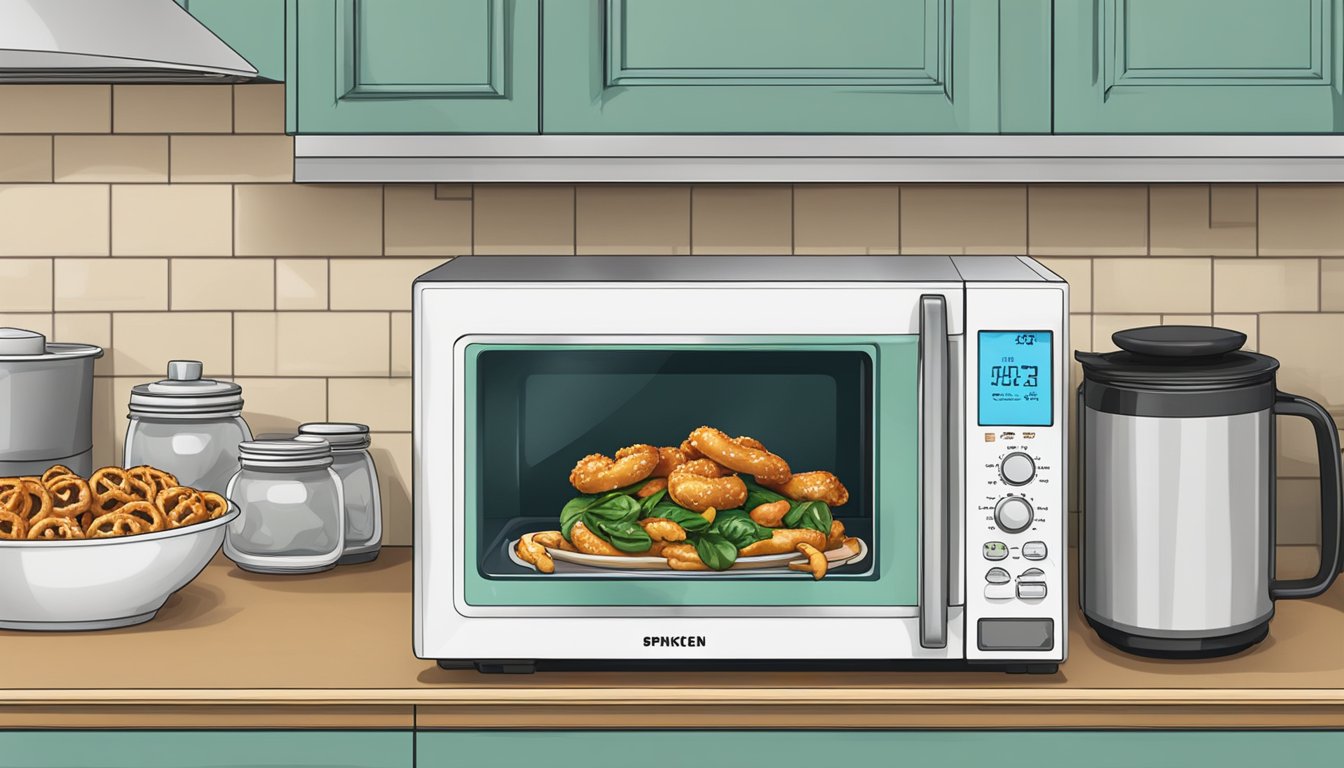 A microwave and oven next to each other, with a plate of chicken and spinach stuffed pretzels on the counter