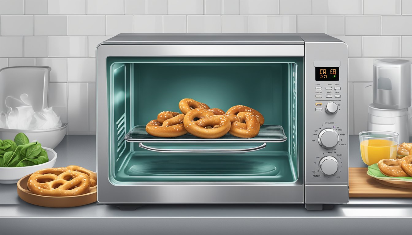 A microwave door is open, with a plate of chicken and spinach stuffed pretzels inside. Steam rises as the pretzels rotate on the turntable