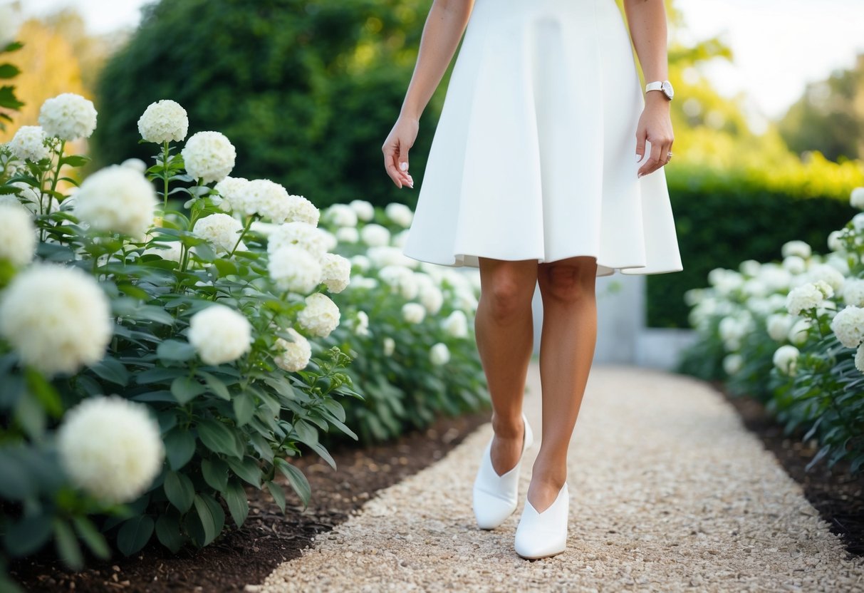 A woman wearing a white dress and white shoes, standing in a garden with blooming white flowers