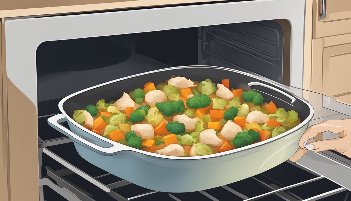 A casserole dish filled with chicken and vegetable casserole being placed in the oven for reheating