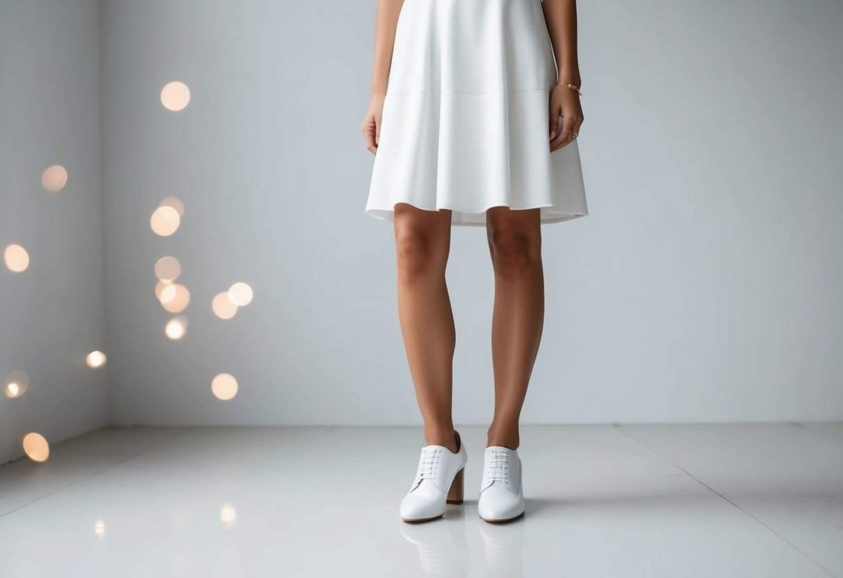 A white dress paired with white shoes, standing on a clean, minimalist surface