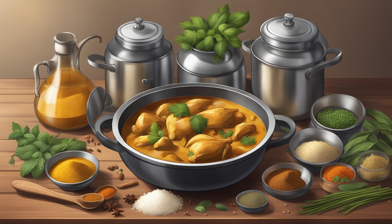 A steaming bowl of chicken curry sits on a stovetop, surrounded by various containers of spices and herbs. A spoon rests on the side of the bowl