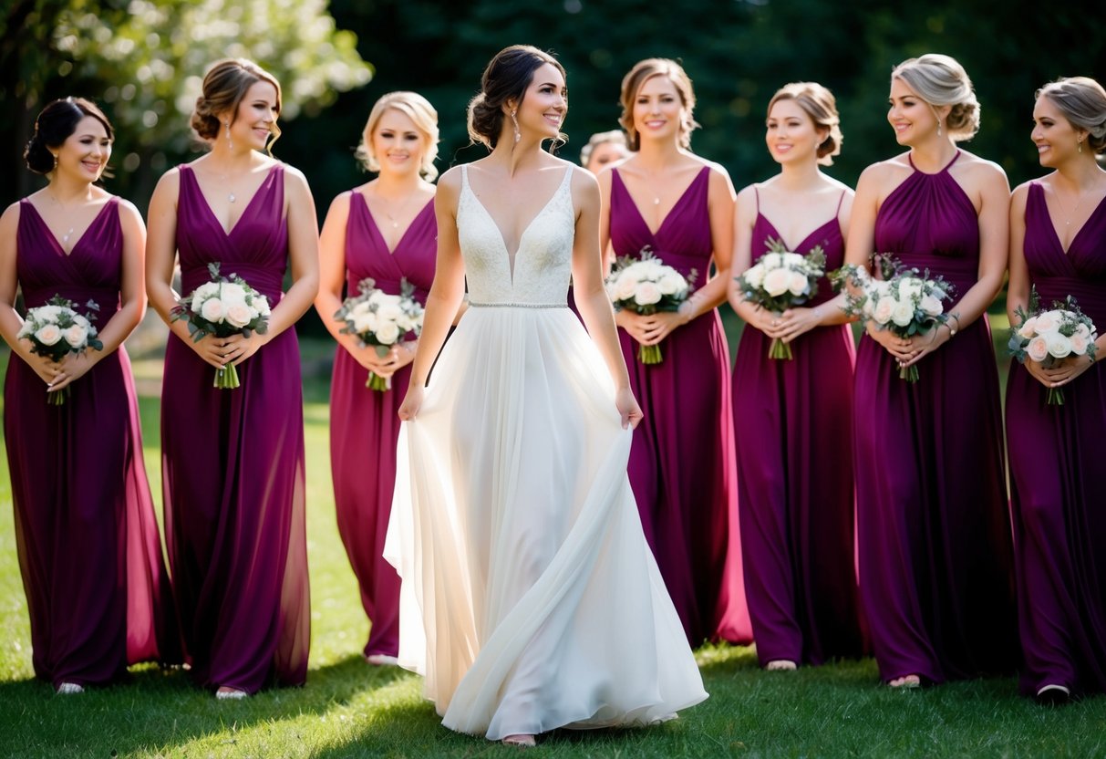 A woman in a flowing dress stands amidst a group of bridesmaids in matching attire, all wearing the same color