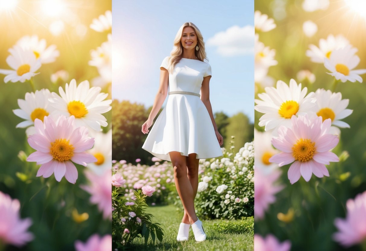 A woman in a white dress and white shoes, surrounded by blooming flowers and bright sunshine