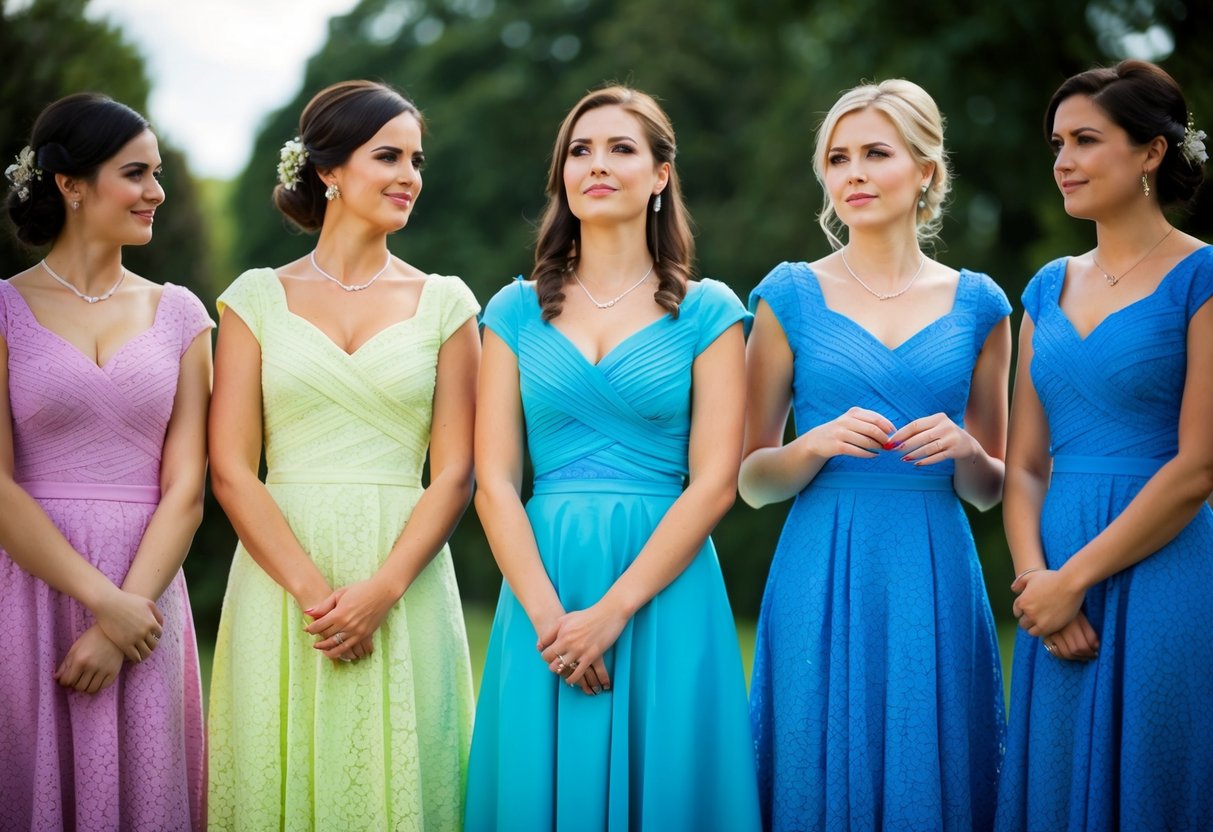 A group of women in matching dresses stand together, while one woman in a similar color looks on in embarrassment