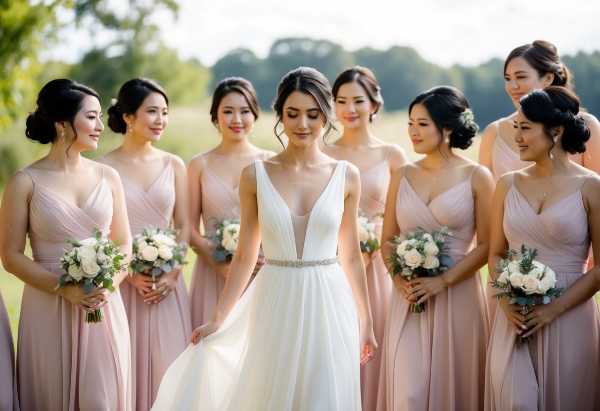 A woman in a flowing dress stands amidst a group of bridesmaids in matching attire, all wearing the same color with a serene and graceful expression