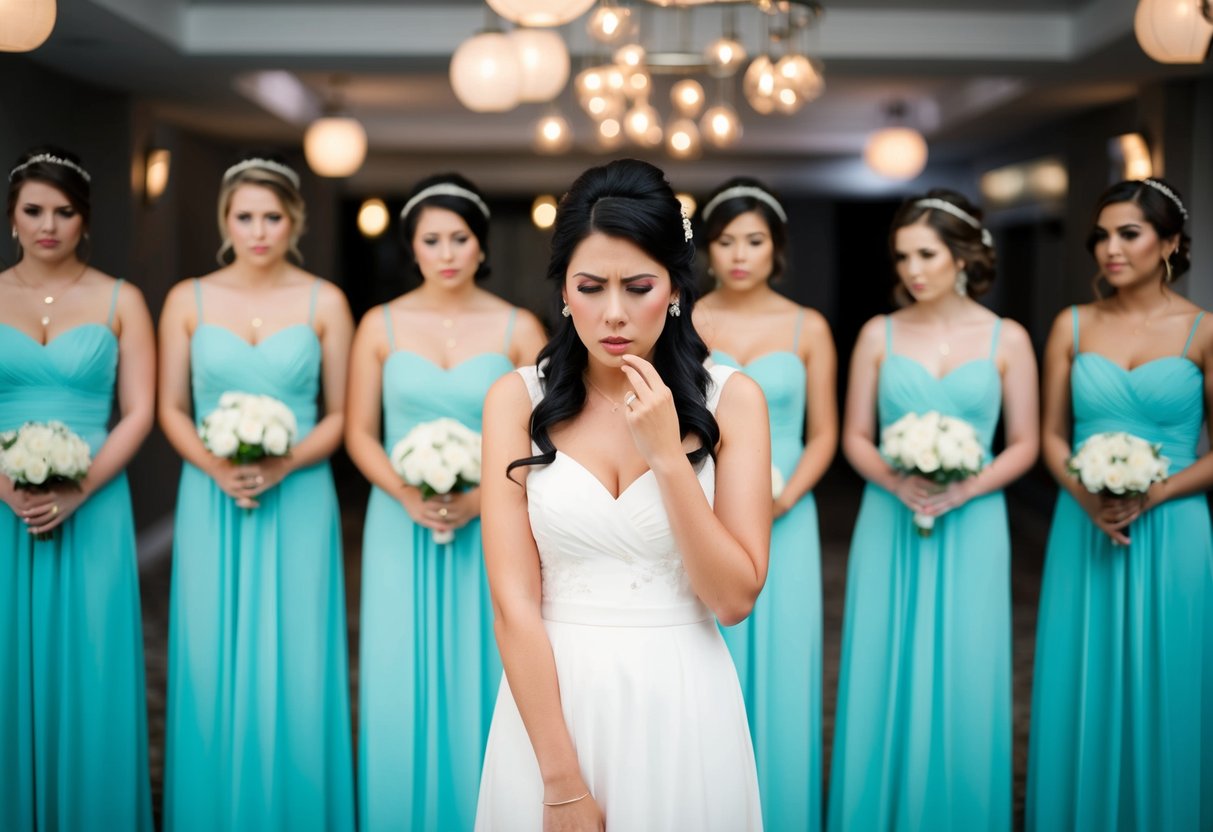 A woman stands in front of a row of bridesmaids in matching dresses, all wearing the same color. She looks worried as she checks her outfit